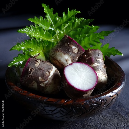 Purple Top Turnips with Green Leaves in Wooden Bowl on a Dark Backdrop Still Life