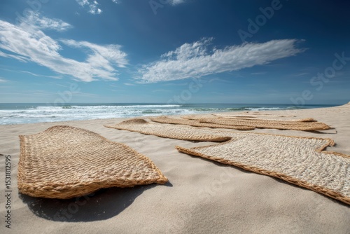 Beach with woven straw mats on the sand, creating the perfect setting for sunbathing and relaxation.