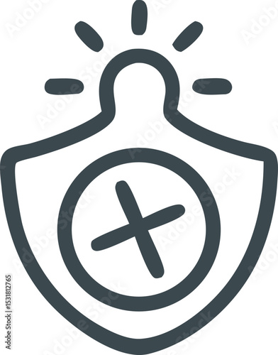 Icon Protection shield with a cross inside and light rays emanating from the top, concept of safety and security, vector illustration.