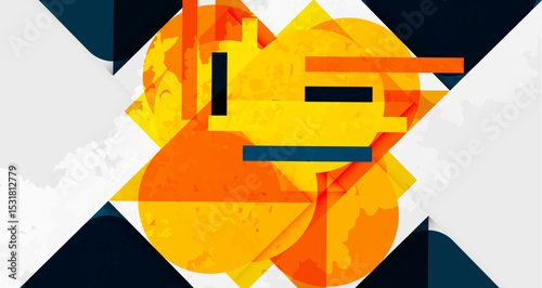Abstract design features orange shapes, lines, plus dark background. Geometric forms intersect creating dynamic visual impact.