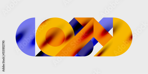 Abstract design features overlapping colorful shapes. Vivid orange, blue hues create dynamic composition. Modern aesthetic, simple background.