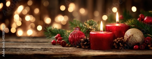 Christmas candle arrangement with fir branches and ornaments on wooden table, ideal for holiday packaging designs, ecommerce banners, and festive advertising concepts.