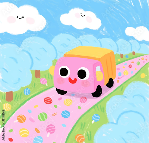 Adorable Pink Truck Driving on a Candy Road with Smiling Clouds and Trees