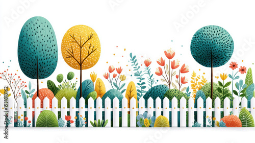 White picket fence with colorful garden behind featuring vibrant trees and flowers in bright cheerful setting