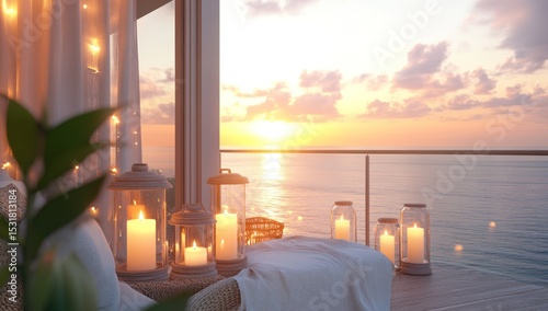 Serene Ocean View with Candlelit Lanterns at Sunset, Tranquil Ambiance