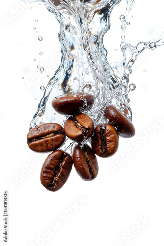 Coffee Beans Submerged in Water with Dynamic Splash and Bubbles on White