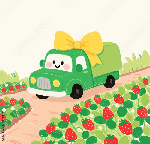 Cute Green Truck with a Yellow Bow Delivers Strawberries