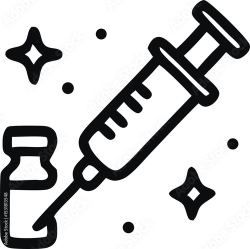 Icon Line art of a vaccine injection with a vial of medicine, accompanied by sparkling elements, clean and modern design