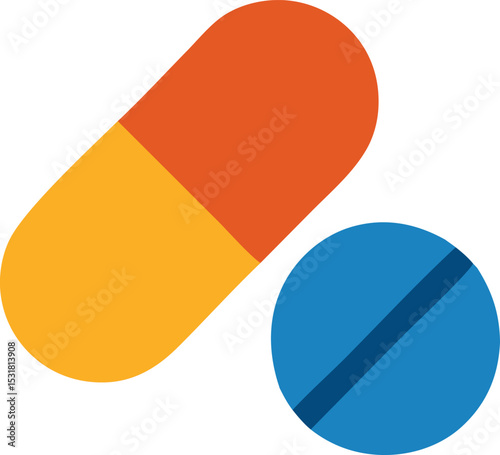 Icon A flat vector illustration featuring an orange and yellow capsule pill and a blue round tablet, symbolizing medication and healthcare treatment