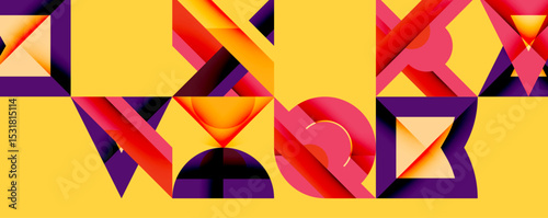 Abstract geometric composition. Bold shapes, vibrant colors create dynamic visual impact. Yellow background emphasizes forms.