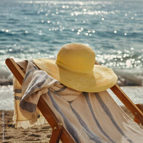 Relaxing Beach Scene with Sun Hat and Towel