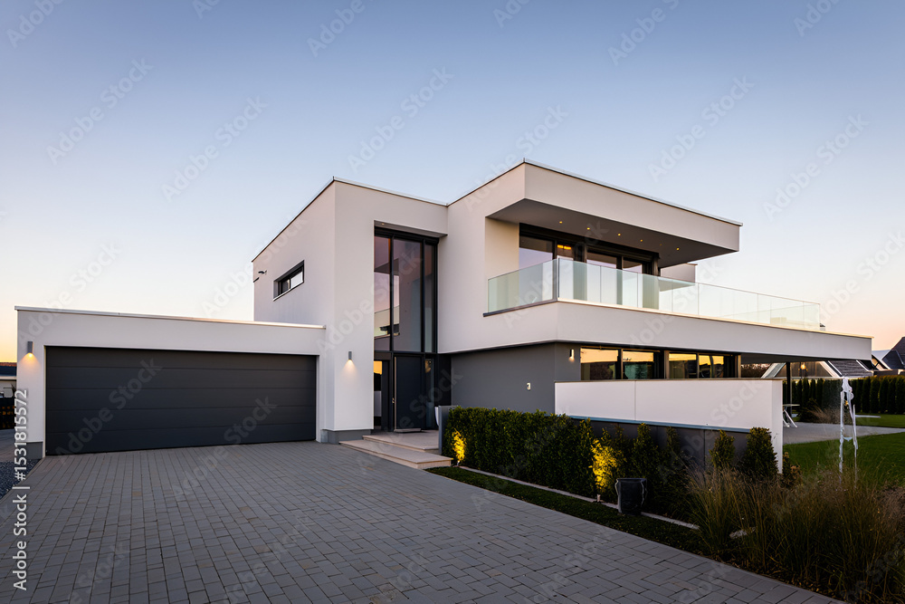 Modern minimalist house with clean lines at dusk Modern minimalist house with clean lines at dusk