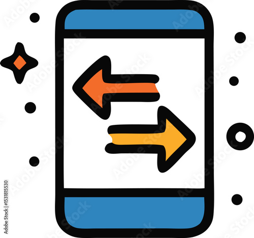 Icon Data transfer on a mobile device with left and right arrows indicating file sharing and exchange process illustration