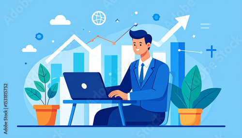 Businessman Analyzing Data with Laptop in Modern Flat Design Illustration