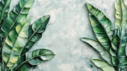 Oil painting artistic image of high relief banana palm leaves at full length light tea green colors