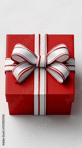 Red Gift Box with White Striped Ribbon on Bright Surface Celebratory and Festive
