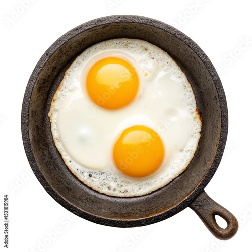 Black frying pan with fried eggs isolated, and a set of fried eggs in a frying pan isolated