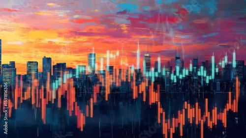 Wallpaper Mural Colorful Abstract Sunset Cityscape With Financial Data Torontodigital.ca