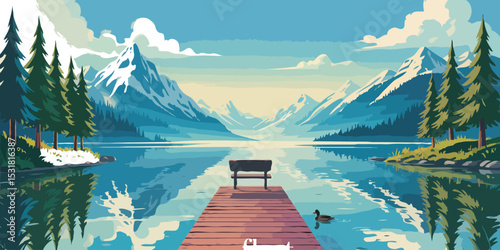 Lake and mountains vector illustration, Nature landscape