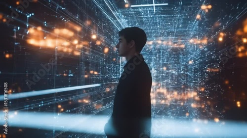 Wallpaper Mural Young Man Contemplating Futuristic Digital Tunnel Torontodigital.ca