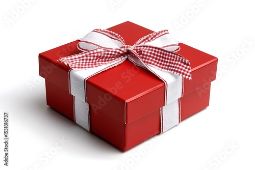 Red Present Box with Checkered Ribbon, a Festive Celebration on White Background