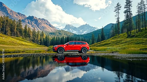 Scenic View with Red SUV in Serene Nature Setting