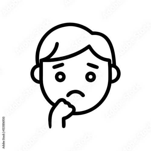 Boy looking worried while resting chin on hand in simple outline style  