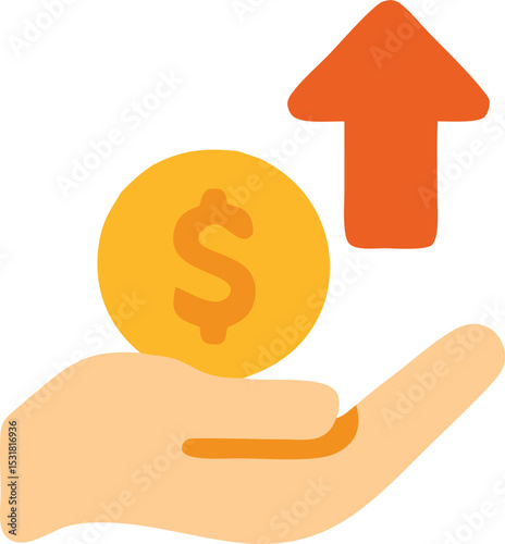 Icon Rising income illustration showcases financial growth with a coin on a hand and upward arrow symbolizing investment and profit increase.