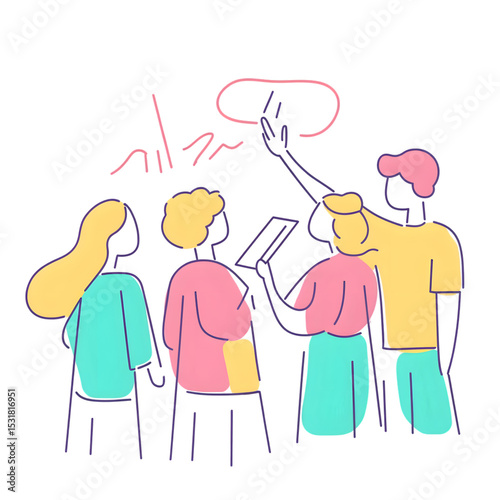 A group of people standing together, writing notes. One person is waving their hand in the air to get attention. Simple line art, vector illustration