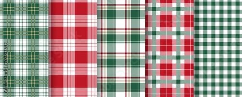 Christmas check background. Tartan seamless pattern. Set green red fabrics. Plaid gingham textures. Flannel shirt textile. Vichy lumberjack prints. Buffalo checkered backdrops. Vector illustration
