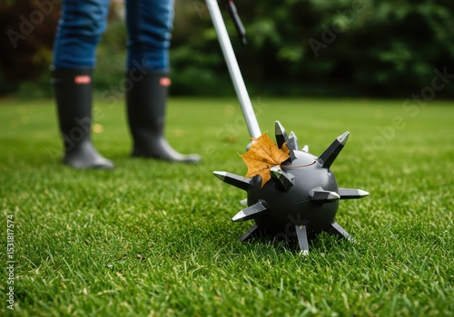 A person uses a spiked lawn aerator on a green lawn