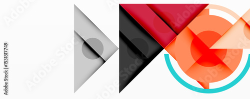 Abstract geometric shapes overlap, creating dynamic composition. Red, gray, orange hues dominate design. Minimalist style.
