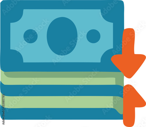 Icon Depicting monetary loss with a stack of bills and contrasting down and up arrows, symbolizing financial decrease and economic issues