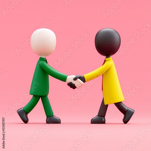 3D Figures Shaking Hands Green and Yellow Figures on Pink Background