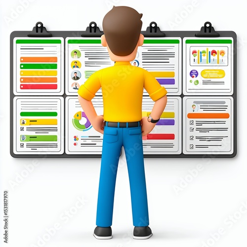 3D Render of Man Reviewing Colorful Charts and Graphs on Whiteboard