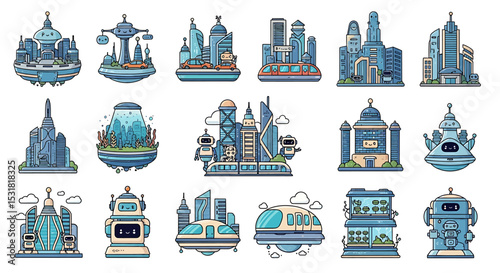Vector Icons Set of Whimsical Futuristic Cityscapes with Robots Trains and Flying Vehicles. Vector Illustrations