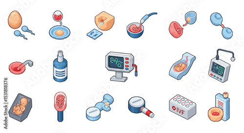 Vector Icons Set of Detailed Isometric Illustrations Depicting the Process of In Vitro Fertilization. Vector Illustrations