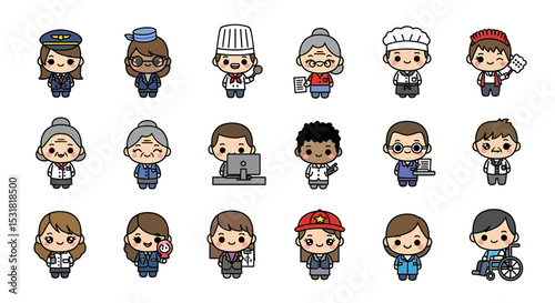Vector Icons Set of Diverse Cartoon Characters Representing Various Professions and Roles in Society. Vector Illustrations