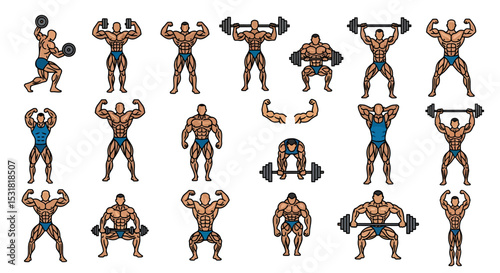 Vector Icons Set of Diverse Bodybuilding Poses Muscular Men Lifting Weights. Vector Illustrations