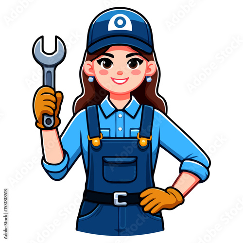 Smiling Female Mechanic Cartoon Illustration: Repair, Maintenance, and Engineering
