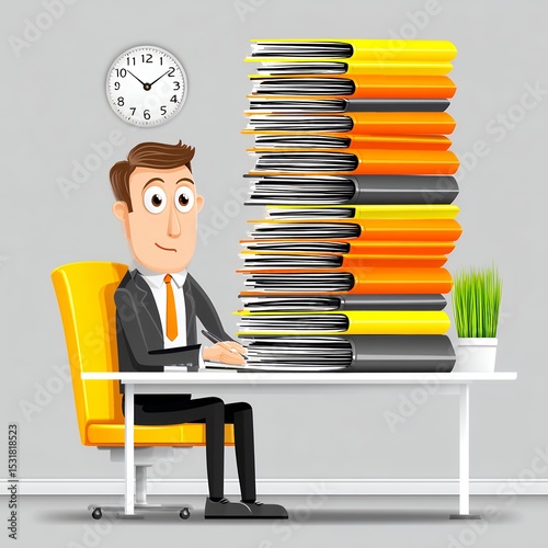 Cartoon Businessman Working at Desk with Large Stack of Files