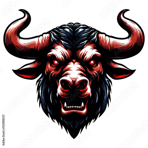 Ferocious Bull Head: Intense Red and Dark Vector Art