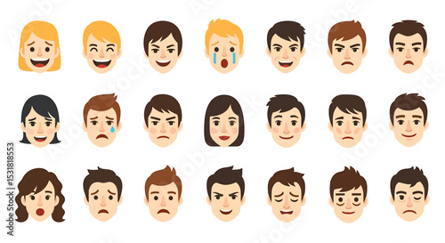 Vector Icons Set of Diverse Cartoon Faces Displaying a Range of Human Emotions. Vector Illustrations