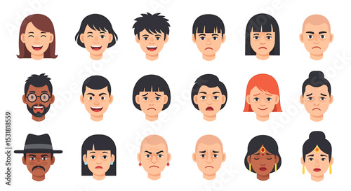 Vector Icons Set of Diverse Cartoon Faces Displaying Varied Emotions. Vector Illustrations