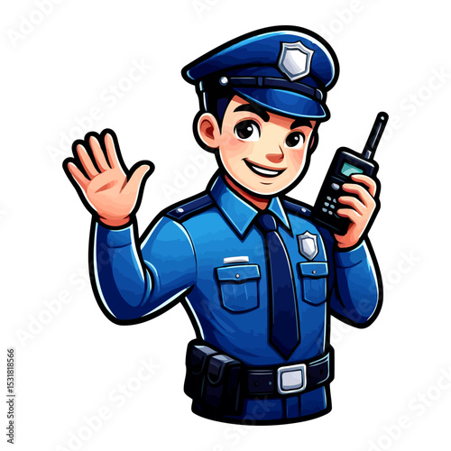 Friendly Police Officer Waving and Using Radio: Cartoon Illustration
