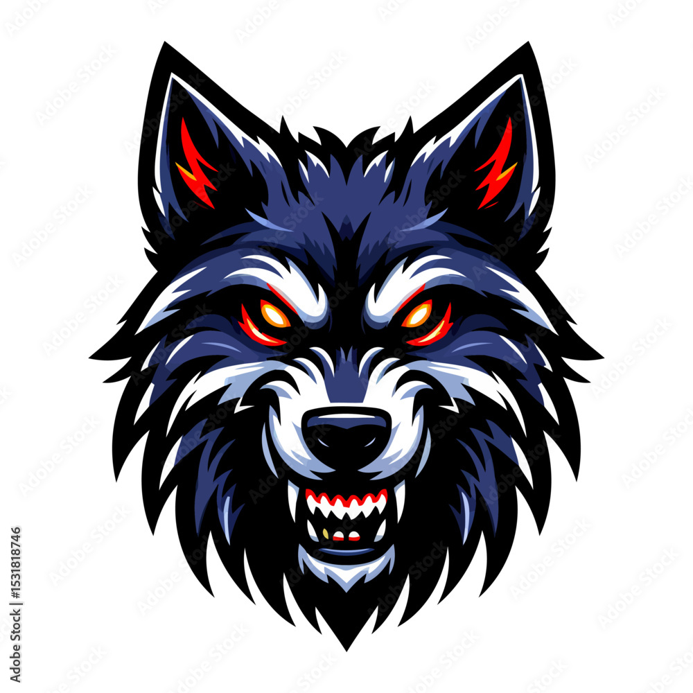 Fototapeta premium Aggressive Wolf Head: Fierce Glowing Eyes, Sharp Teeth, Dark Fur