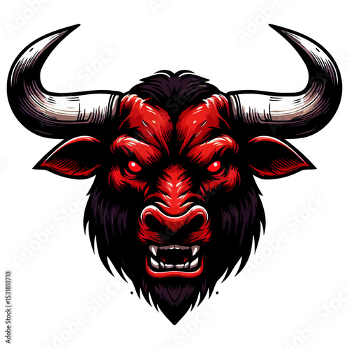 Red Bull Head: Fierce, Mythical Creature, Intense, Powerful, Angry Beast