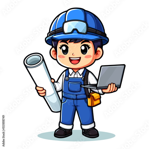 Adorable Cartoon Engineer: Hard Hat, Laptop, and Blueprint