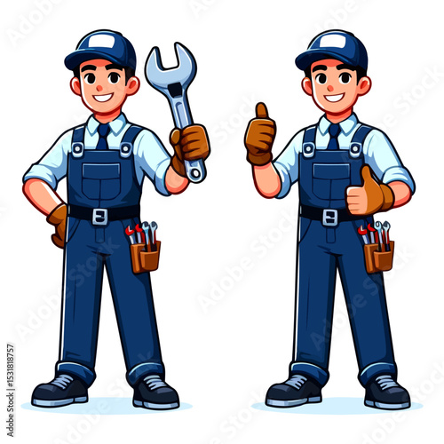 Smiling Mechanic Cartoon Character with Tools: Repair, Maintenance, and Service