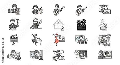 Vector Icons Set of Diverse Creative Professionals Icon Set Illustrative Portraits of Women and Men in Various Artistic and Technical Roles. Vector Illustrations